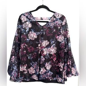 Isela Floral Mesh Lace Blouse with Bell Sleeves Size M